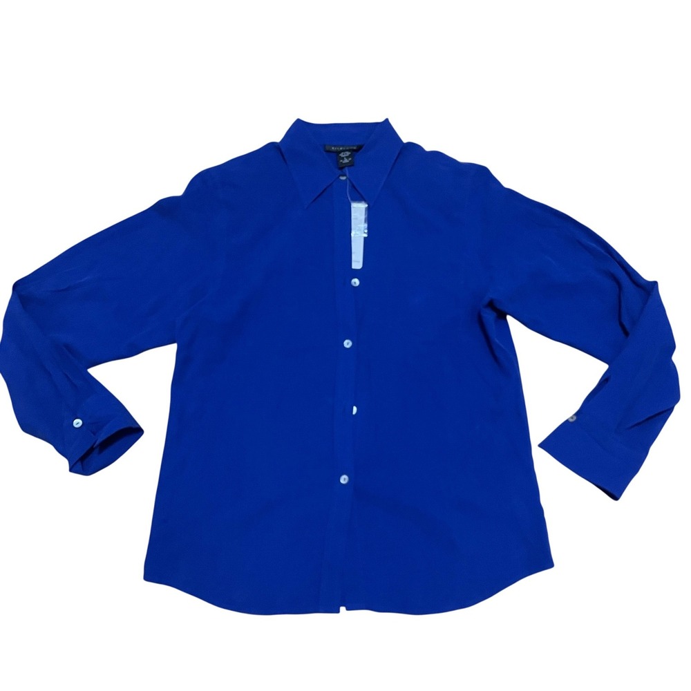VTG Silkland Women's L 100% Silk LS Button Down Shirt Cobalt Blue Blouse NWT